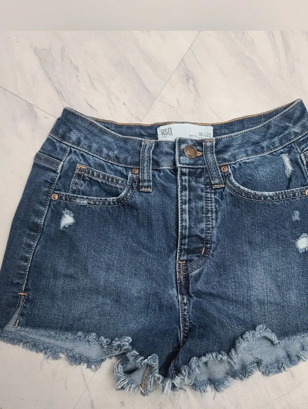RSQ Dark Blue Distressed High-Rise Denim Shorts